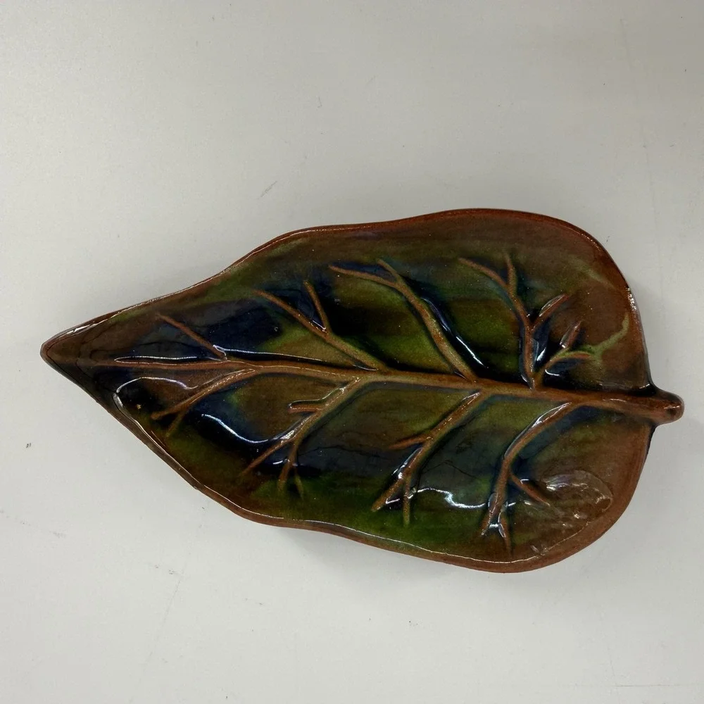 L'Occitane Ceramic Leaf Dish Brown Green Glazed Pottery Trinket Tray Decor